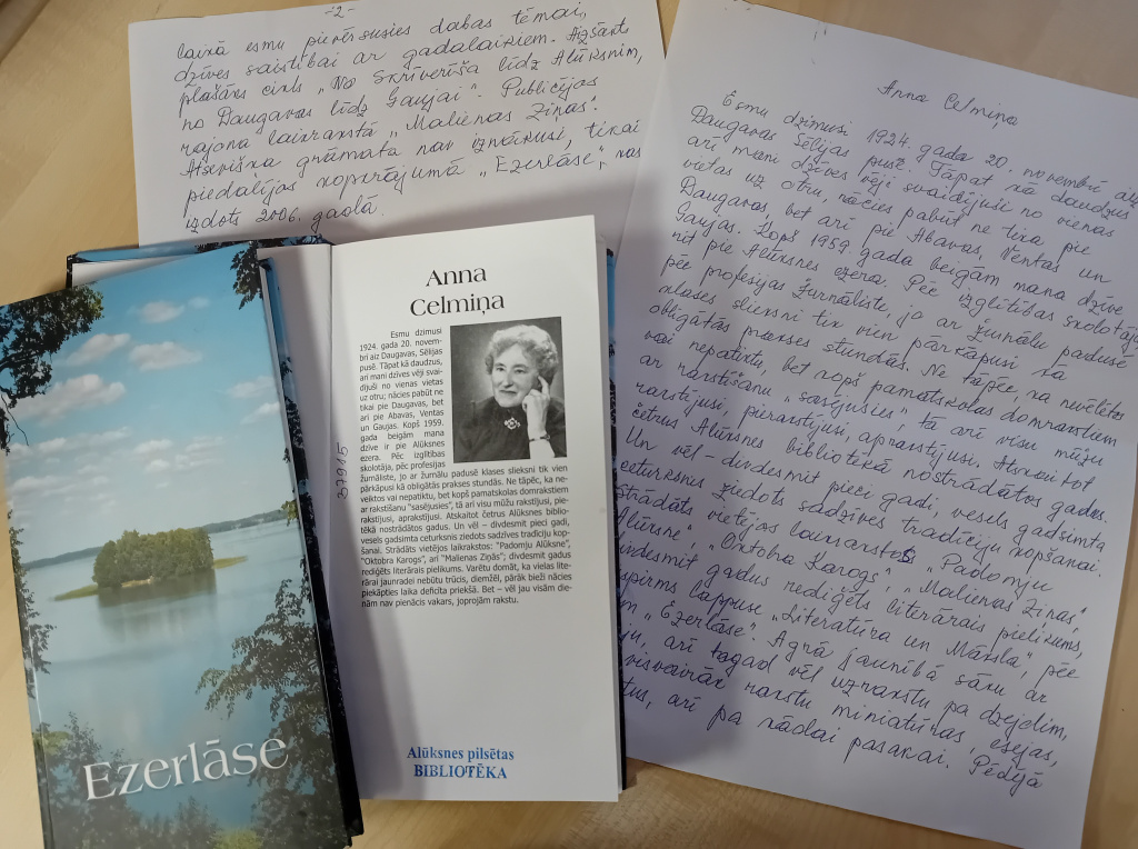 Annas Celmiņas rokrakstā iesniegtā autobiogrāfija, kas saglabājusies Alūksnes novada bibliotēkas novadpētniecības krājumā. Publicēta Alūksnes rajona literātu kopkrājumā “Ezerlāse”, 2006