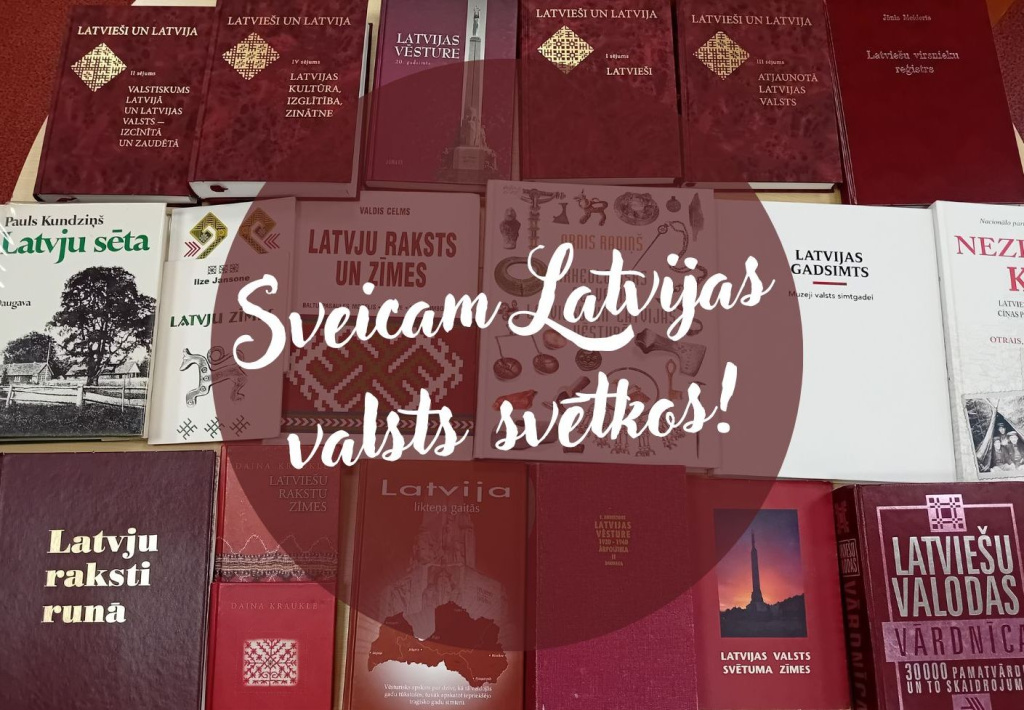 Grāmatas Latvijas karoga krāsās ar uzrakstu - apsveikumu svētkos