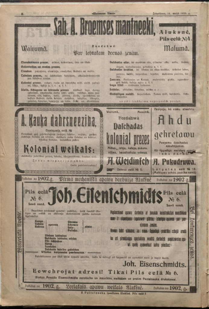 "Malienas Ziņu" pirmais numurs 1925. gada 14. maijā, 8. lapa.