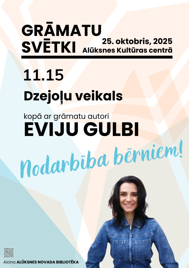 Nodarbība bērniem kopā Eviju Gulbi Alūksnes grāmatu svētkos 2025, plakāts.