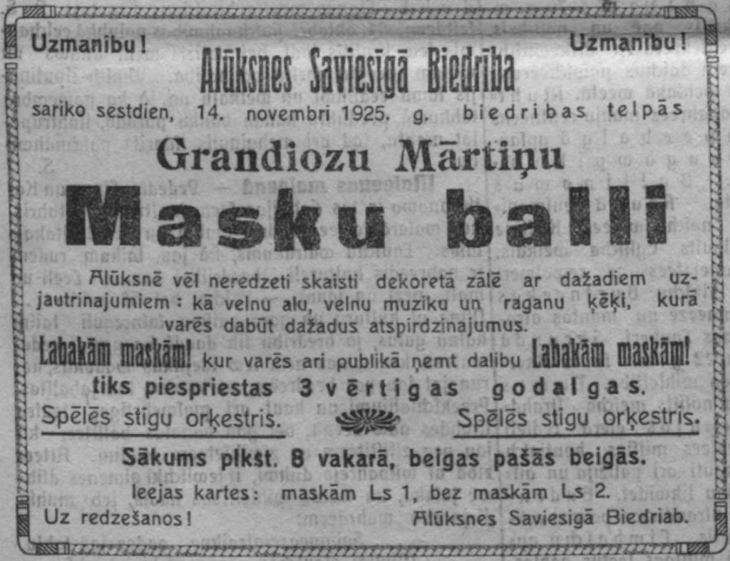Sludinājums par “Grandiozu Mārtiņu Masku balli”. Attēls: Malienas Ziņas, 5.11.1925.