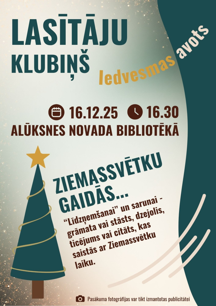 Lasītāju klubiņa tikšanās "Ziemassvētku gaidās" 2025. gada 16. decembrī, plakāts.
