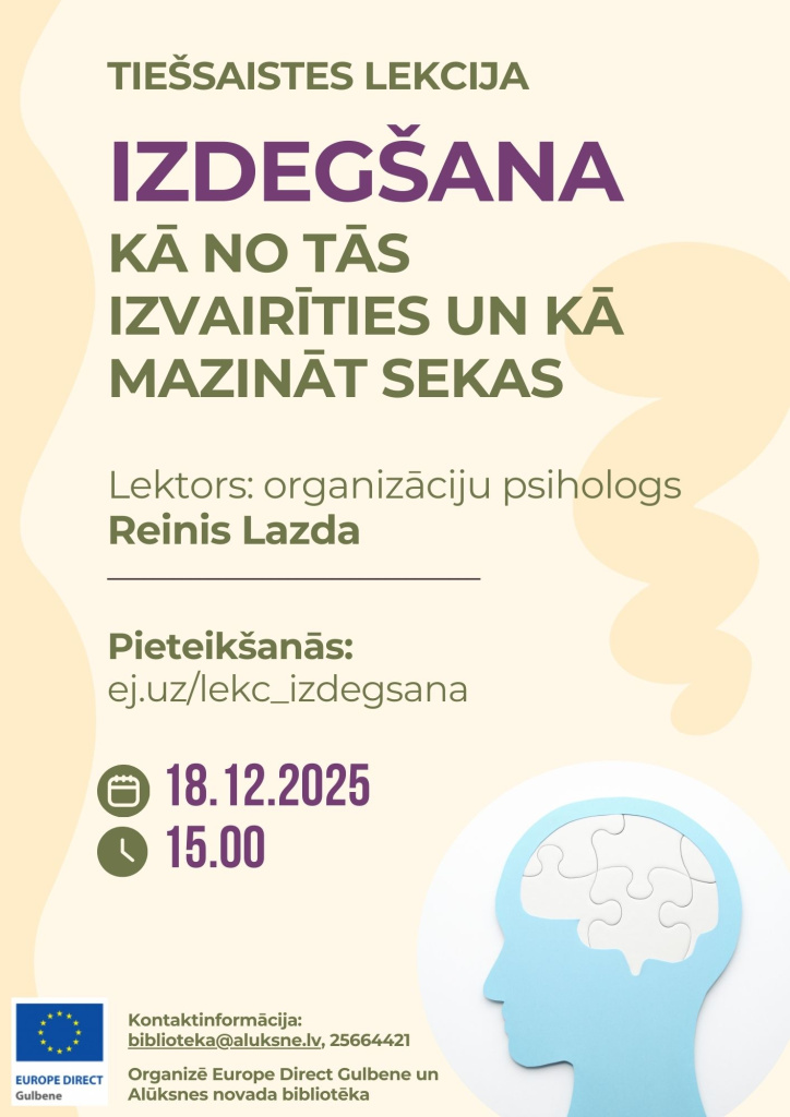 Tiešsaistes lekcija "Izdegšana", plakāts.