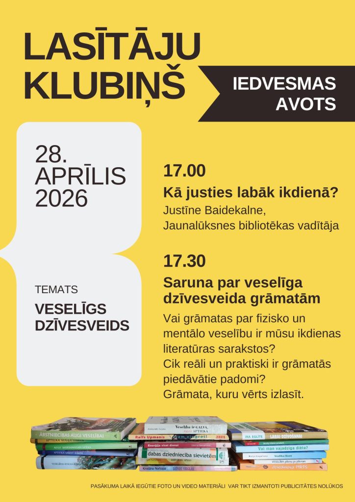 Lasītāju klubiņa tikšanās 2026. gada 28. aprīlī, plakāts.