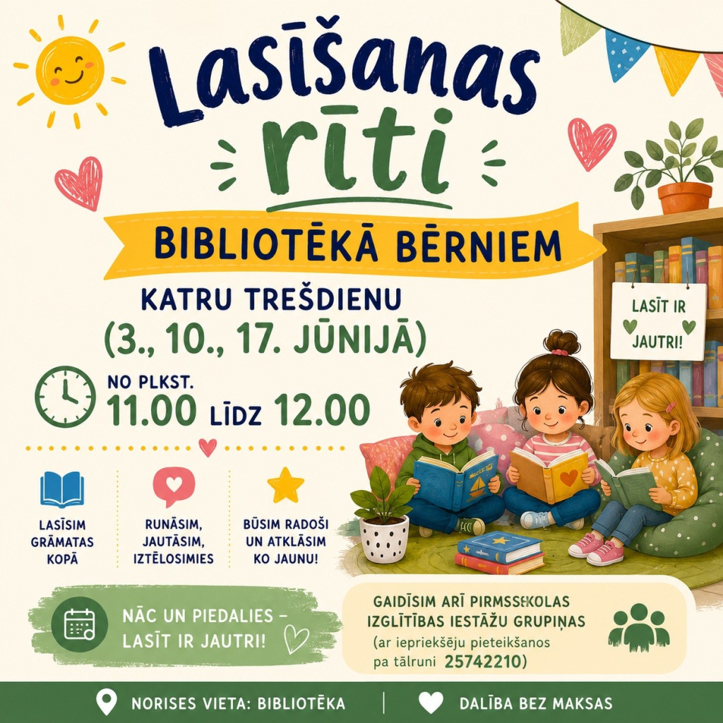 Lasīšanas rīti bērniem bibliotēkā jūnijā.