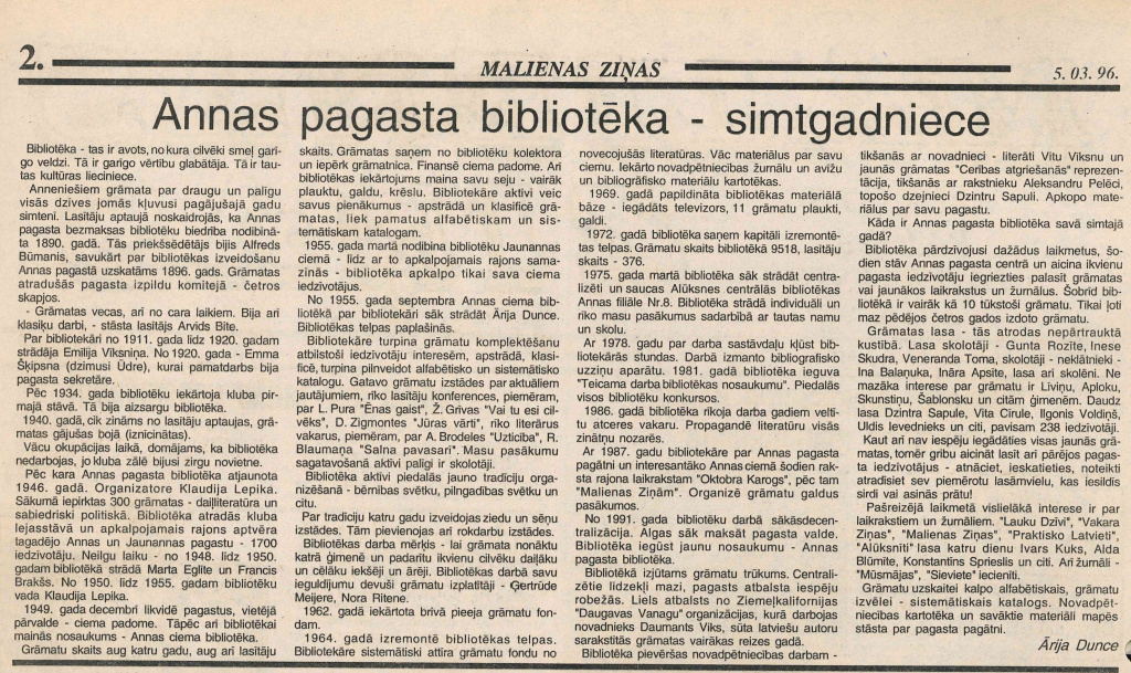Publikācija vietējā laikrakstā par Annas bibliotēku.