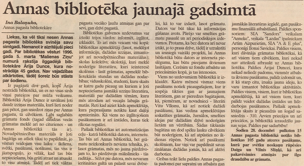 Publikācija vietējā laikrakstā par Annas bibliotēku.