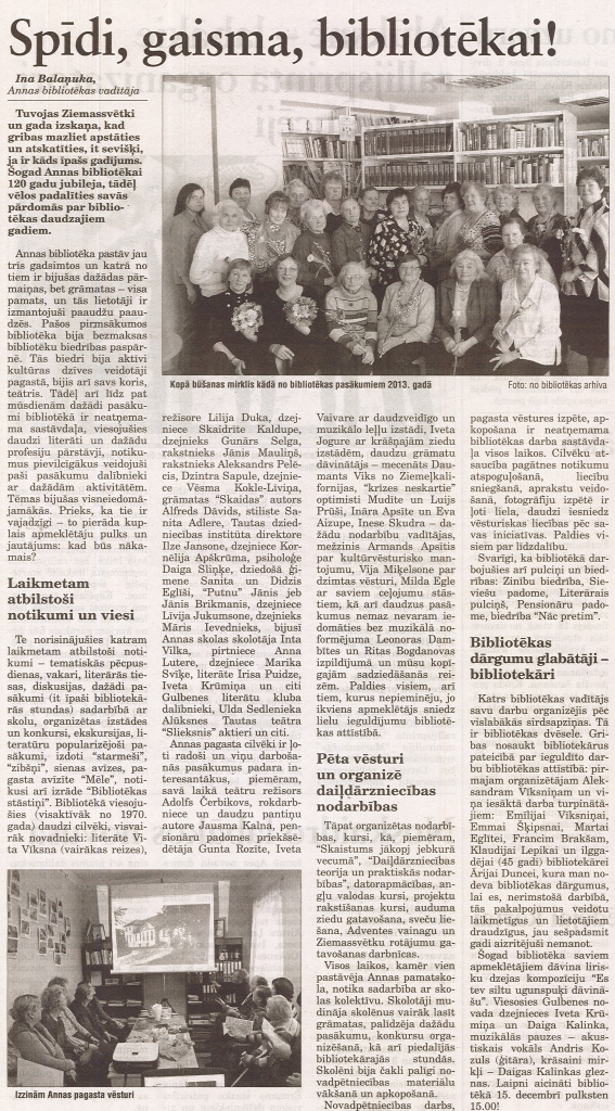 Publikācija vietējā laikrakstā par Annas bibliotēku.